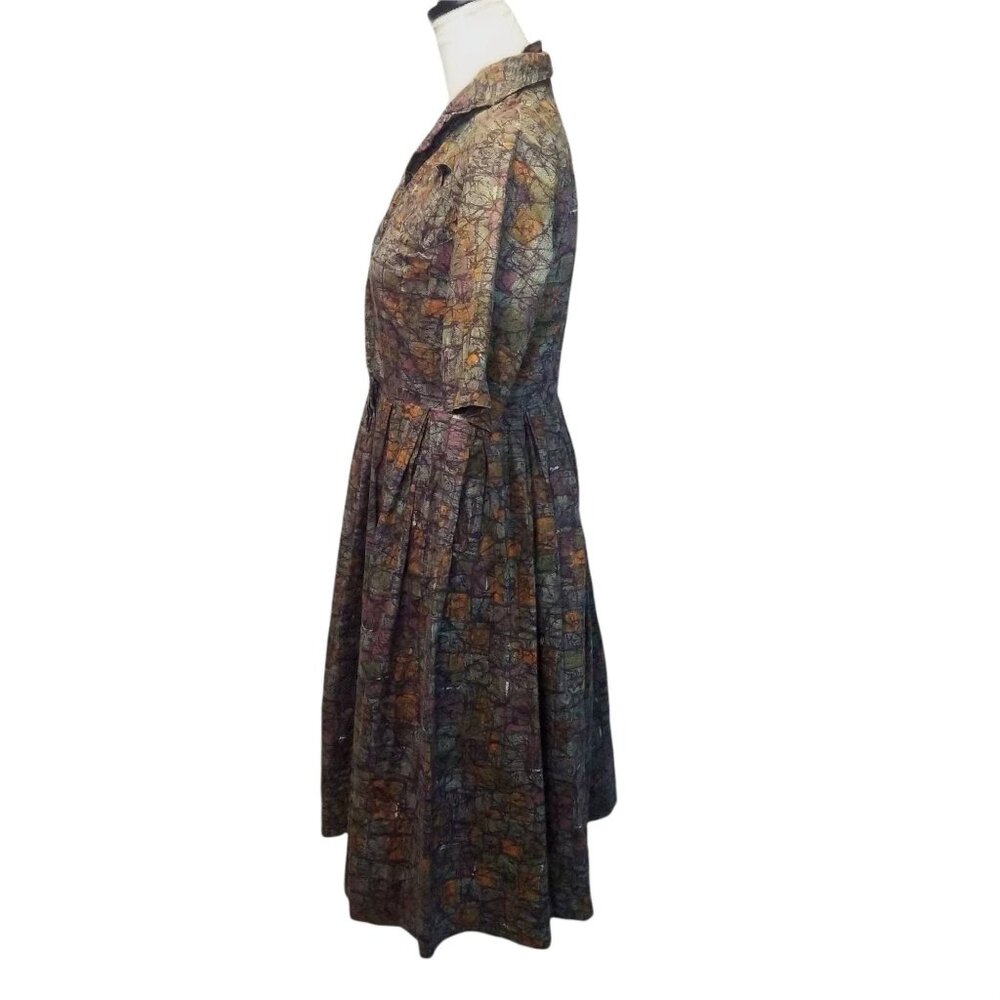 Vintage 1950s Abstract Pollock Print Day Dress, Atomic MCM Midcentury Shirtwaist - Picture 3 of 11